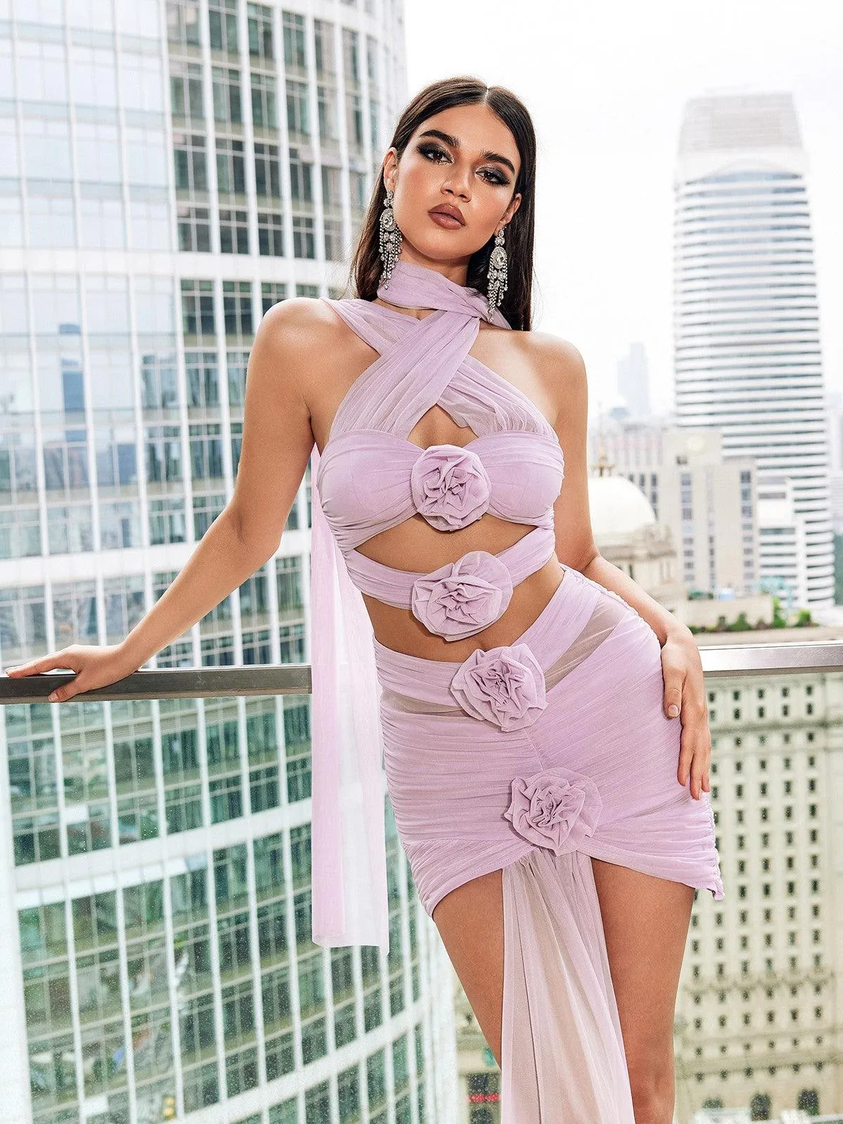 Genevieve Flower Cutout Draped Mesh Mini Dress In Pink sold by Mew Mews product image thumbnail 5