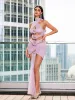 Genevieve Flower Cutout Draped Mesh Mini Dress In Pink sold by Mew Mews