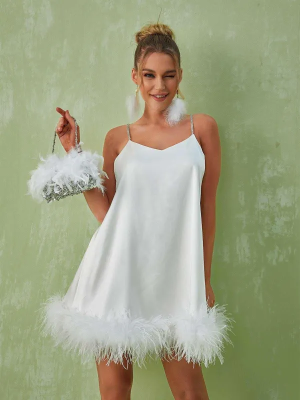 Kamaria Spaghetti Feather Mini Dress In White sold by Mew Mews