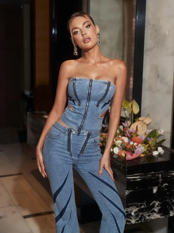Amarel Strapless Cutout Zip Denim Top sold by Mew Mews
