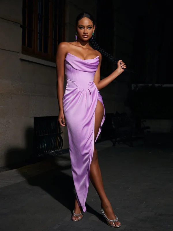 Avila Strapless Satin Maxi Dress In Violet made by Mew Mews