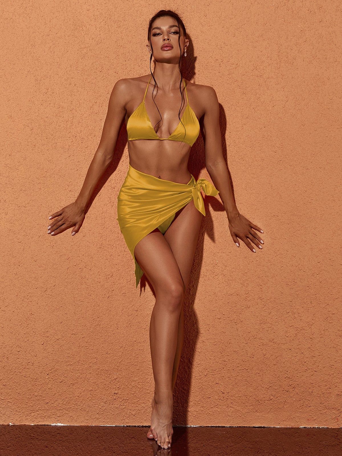 Orelia Satin Bikini Three Piece Set In Gold sold by Mew Mews product image thumbnail 4