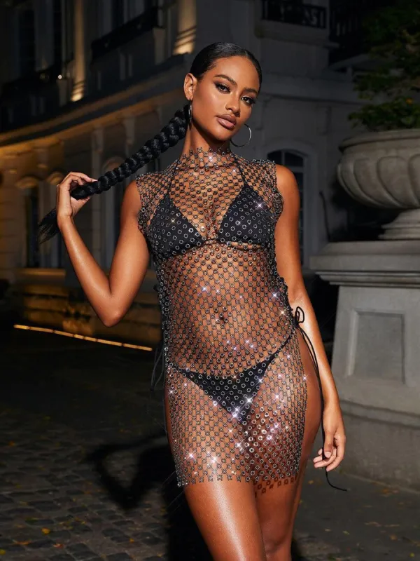 Izzy Hollow Rhinestone Split Mini Dress sold by Mew Mews