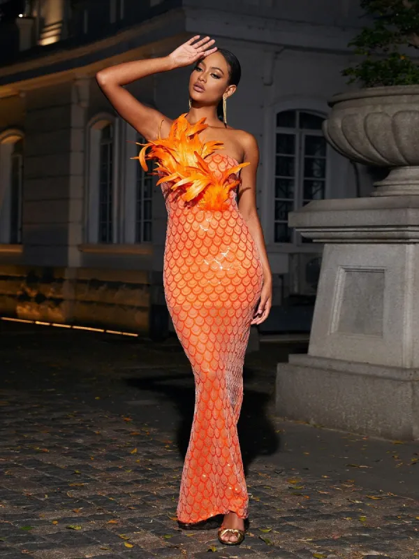 Sookie Strapless Feather Sequin Maxi Dress sold by Mew Mews