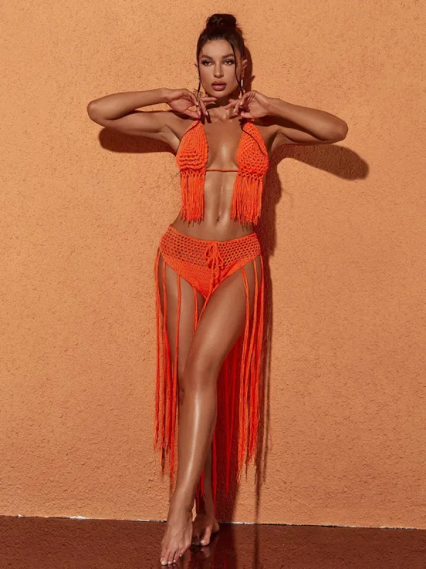 Berlin Knit Fringe Bikini Two Piece Set In Orange sold by Mew Mews