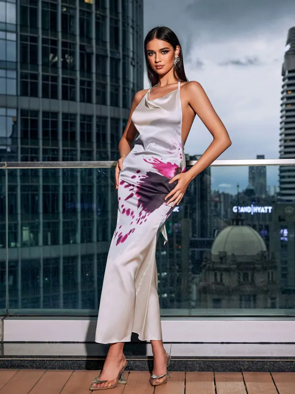 Fagor Backless Floral Satin Maxi Dress sold by Mew Mews