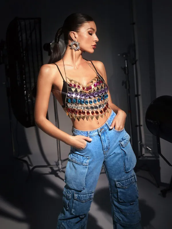 Mckenzie Rainbow Rhinestone Body Chain Top sold by Mew Mews