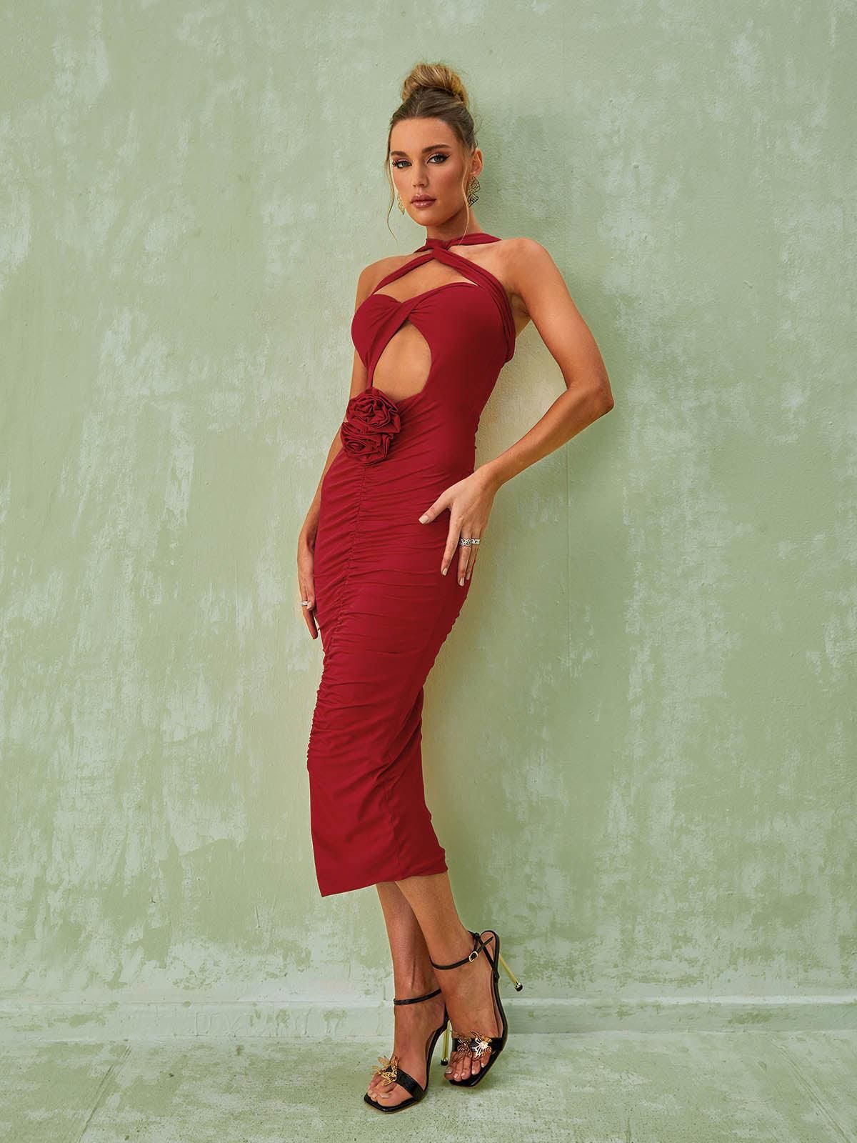 Pomeline Rose Bodycon Midi Dress In Red sold by Mew Mews product image thumbnail 2