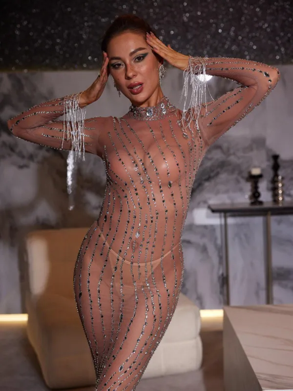 Camilo Embellished Fringe Mesh Maxi Dress sold by Mew Mews