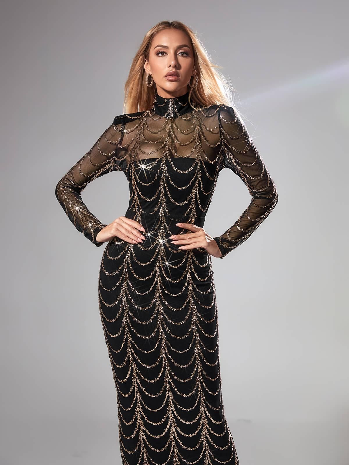 Melisande Long Sleeve Sequin Maxi Dress In Black sold by Mew Mews product image thumbnail 4