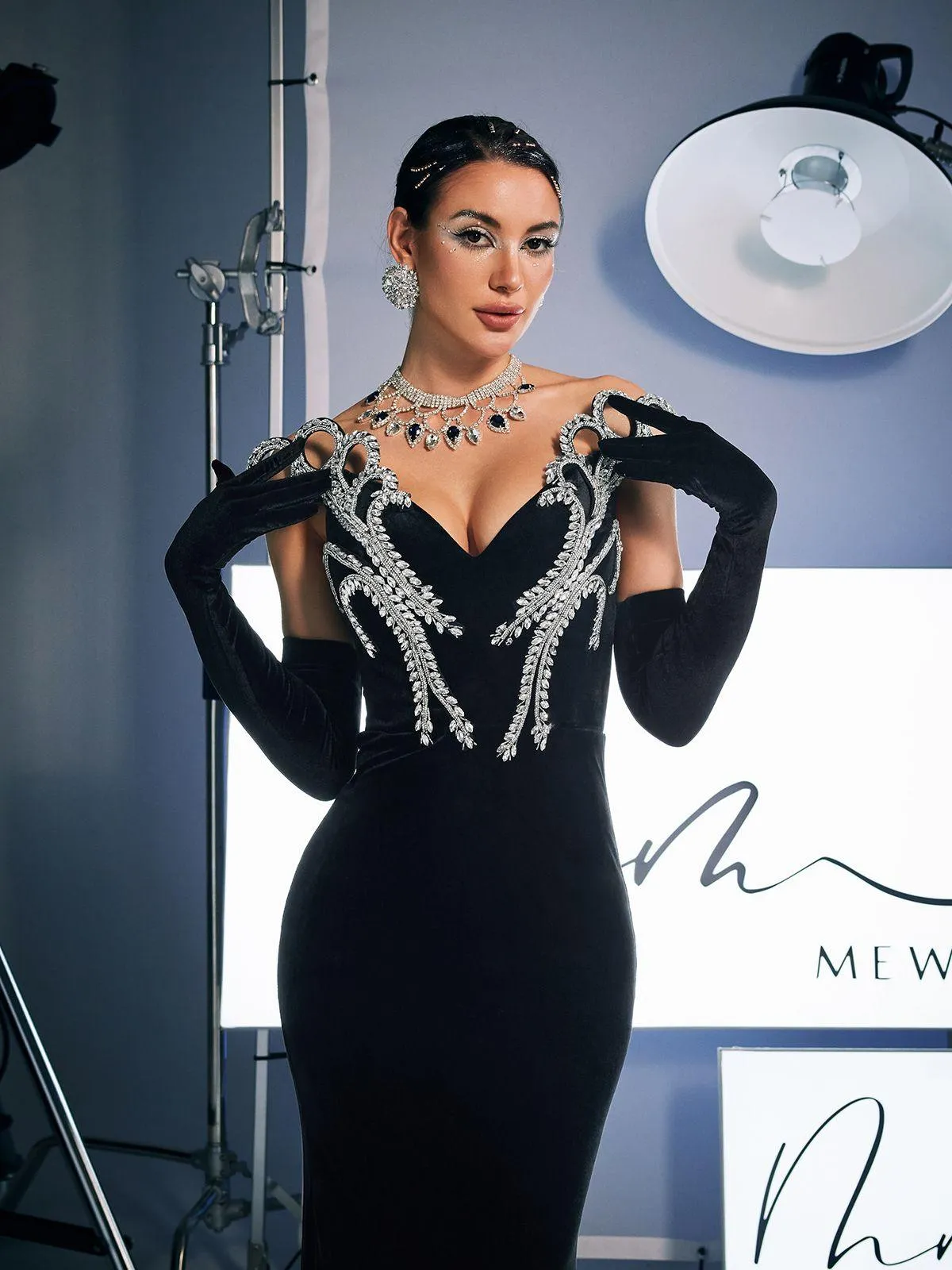 Zamir Strapless Crystal Velvet Mermaid Dress With Gloves sold by Mew Mews product image thumbnail 2