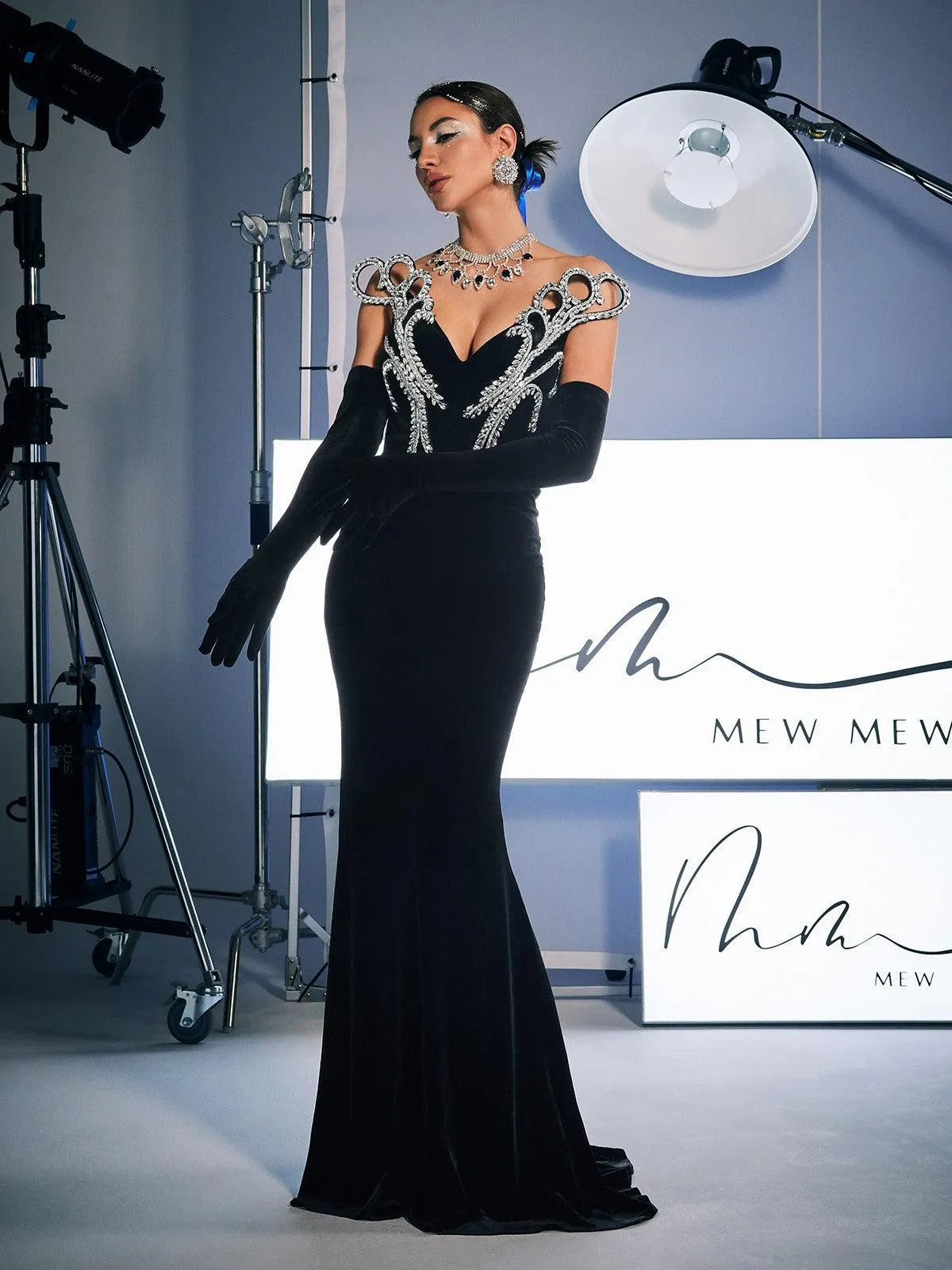 Zamir Strapless Crystal Velvet Mermaid Dress With Gloves sold by Mew Mews