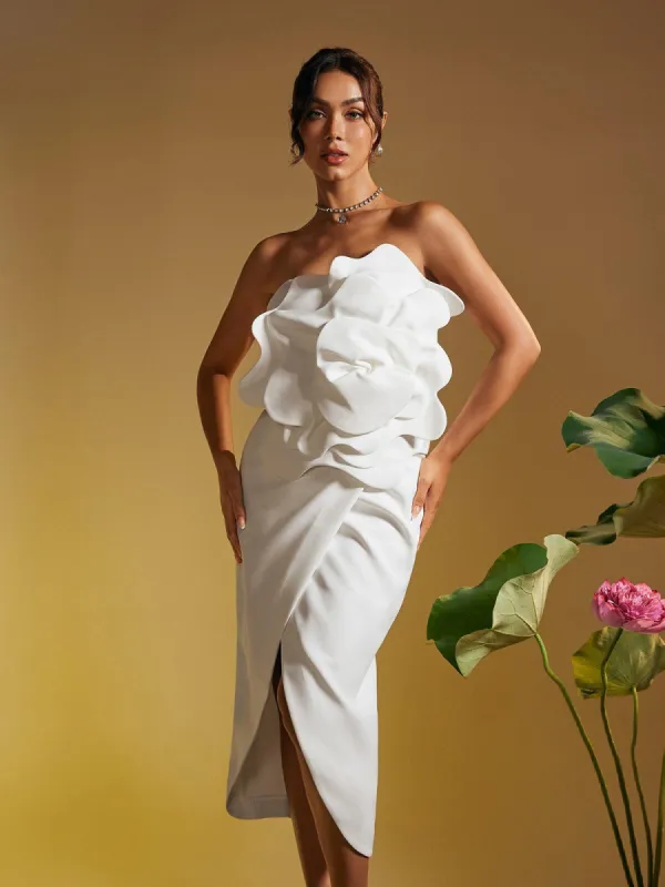 Amadou Strapless Flower Split Midi Dress sold by Mew Mews