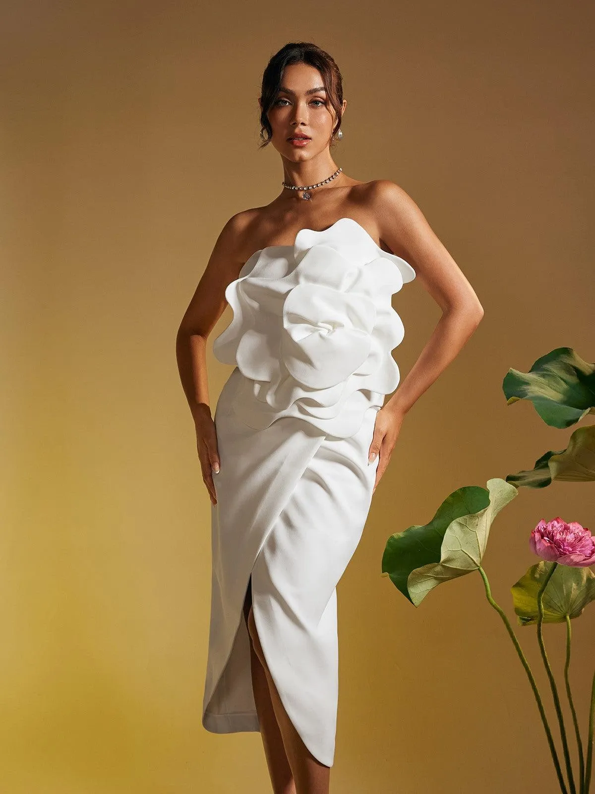 Amadou Strapless Flower Split Midi Dress sold by Mew Mews