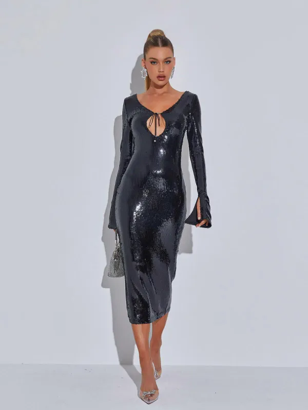 Sian Sequin Backless Midi Dress In Black sold by Mew Mews
