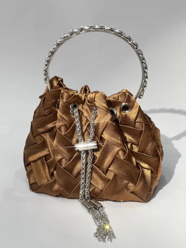 Mattea Velvet Weave Crystal Embellished Bucket Bag In Brown sold by Mew Mews
