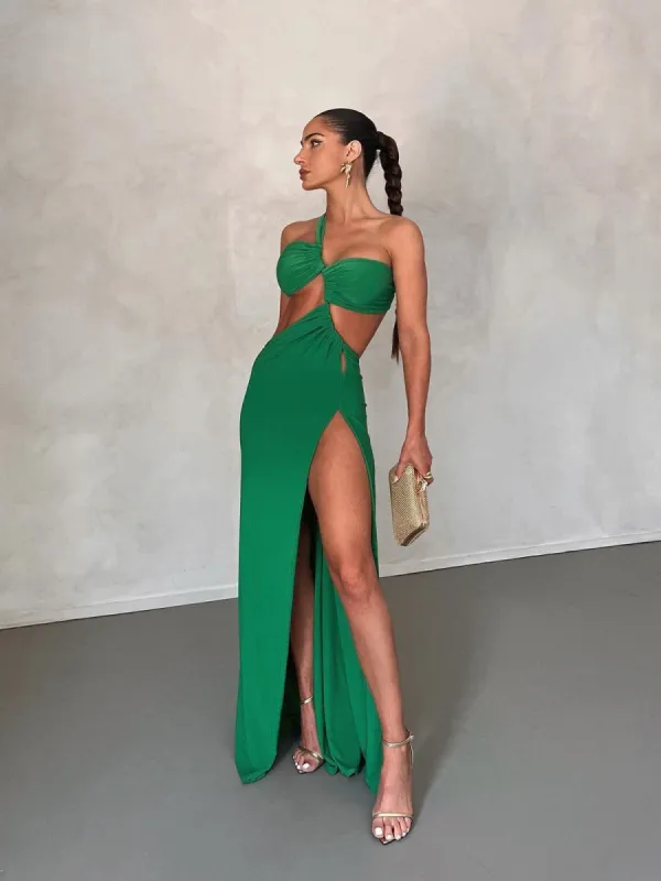 Berenice One Shoulder Cutout Maxi Dress In Green made by Mew Mews
