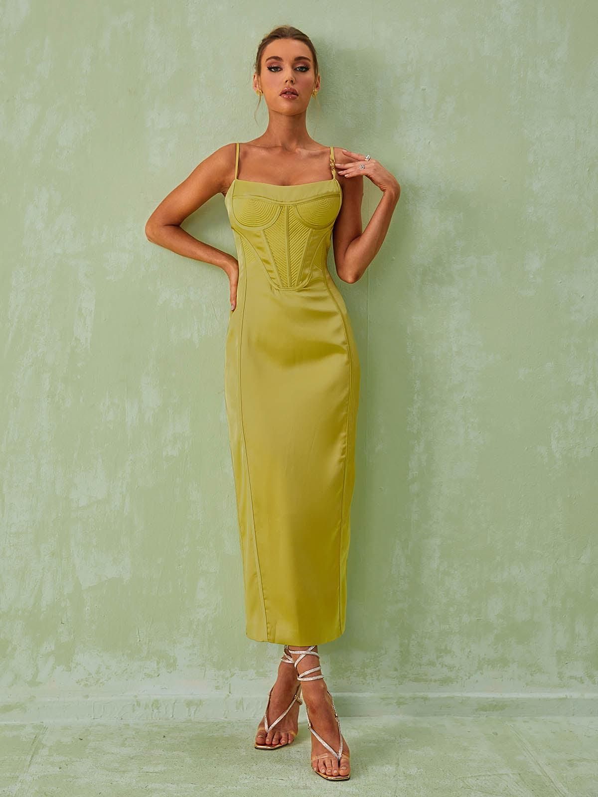 Alix Satin Corset Midi Dress In Green sold by Mew Mews