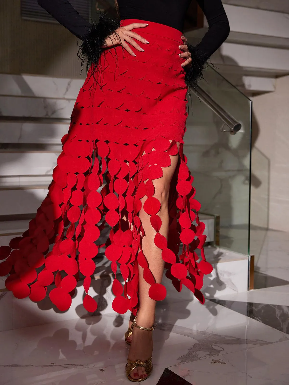 Nyx Circle Cutout Fringe Skirt In Red sold by Mew Mews product image thumbnail 2