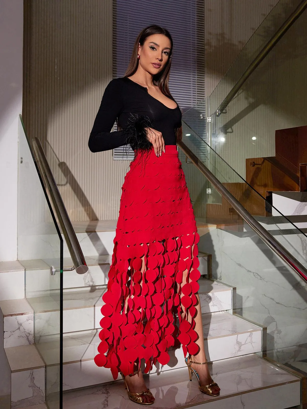 Nyx Circle Cutout Fringe Skirt In Red sold by Mew Mews product image thumbnail 4