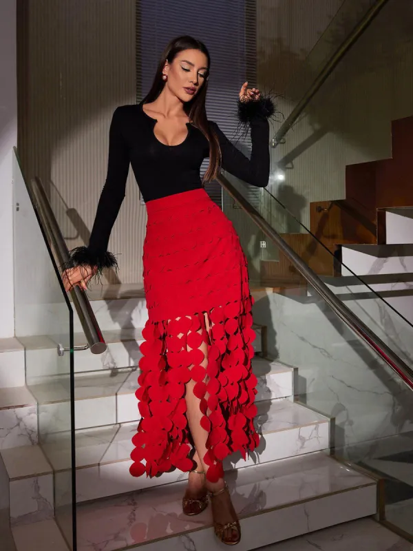 Nyx Circle Cutout Fringe Skirt In Red sold by Mew Mews