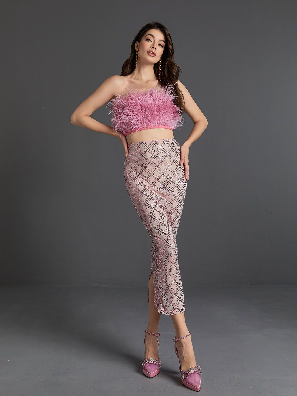 Ansley Strapless Feather Mesh Skirt Set In Pink sold by Mew Mews product image thumbnail 2