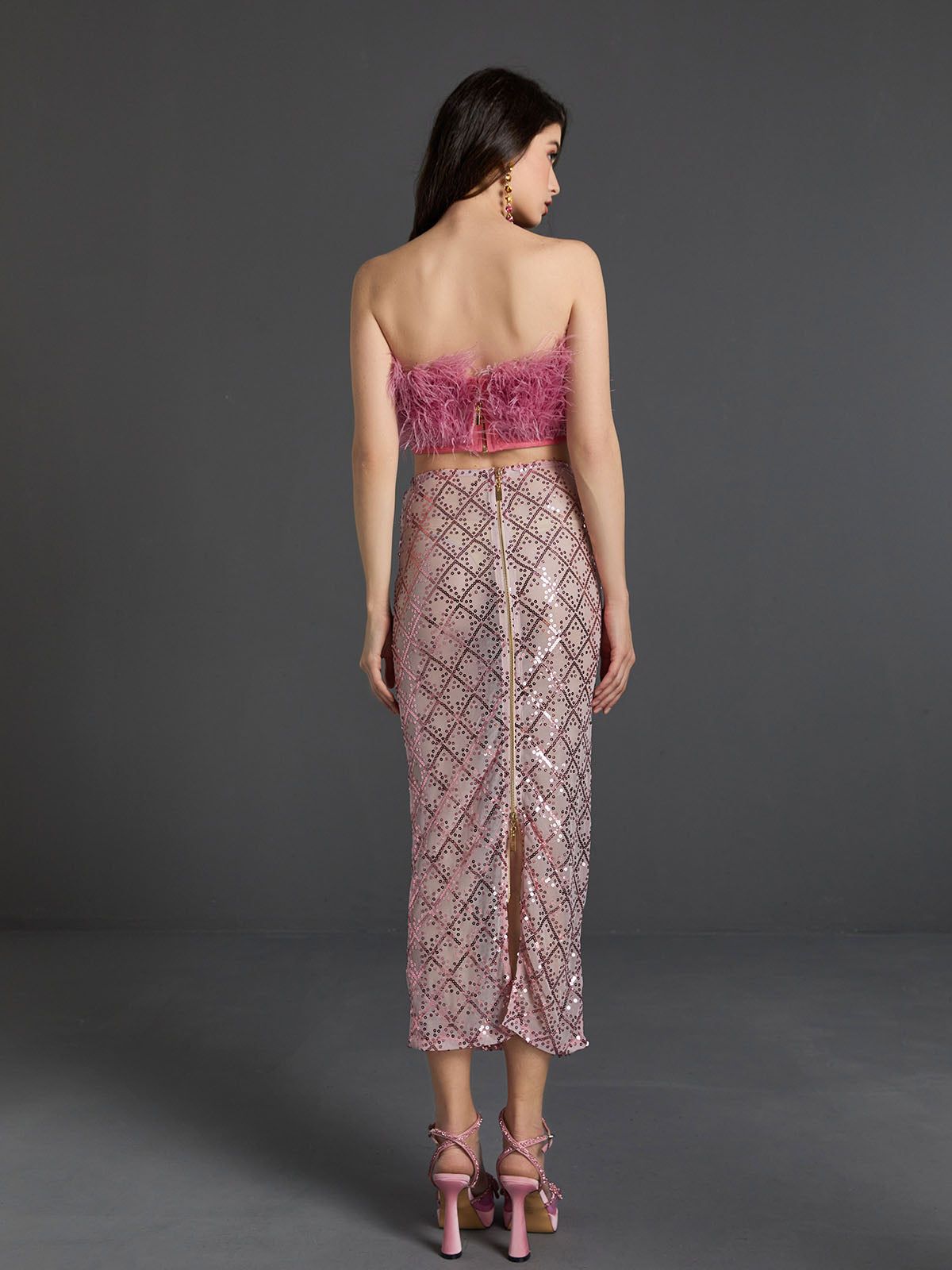 Ansley Strapless Feather Mesh Skirt Set In Pink sold by Mew Mews product image thumbnail 3