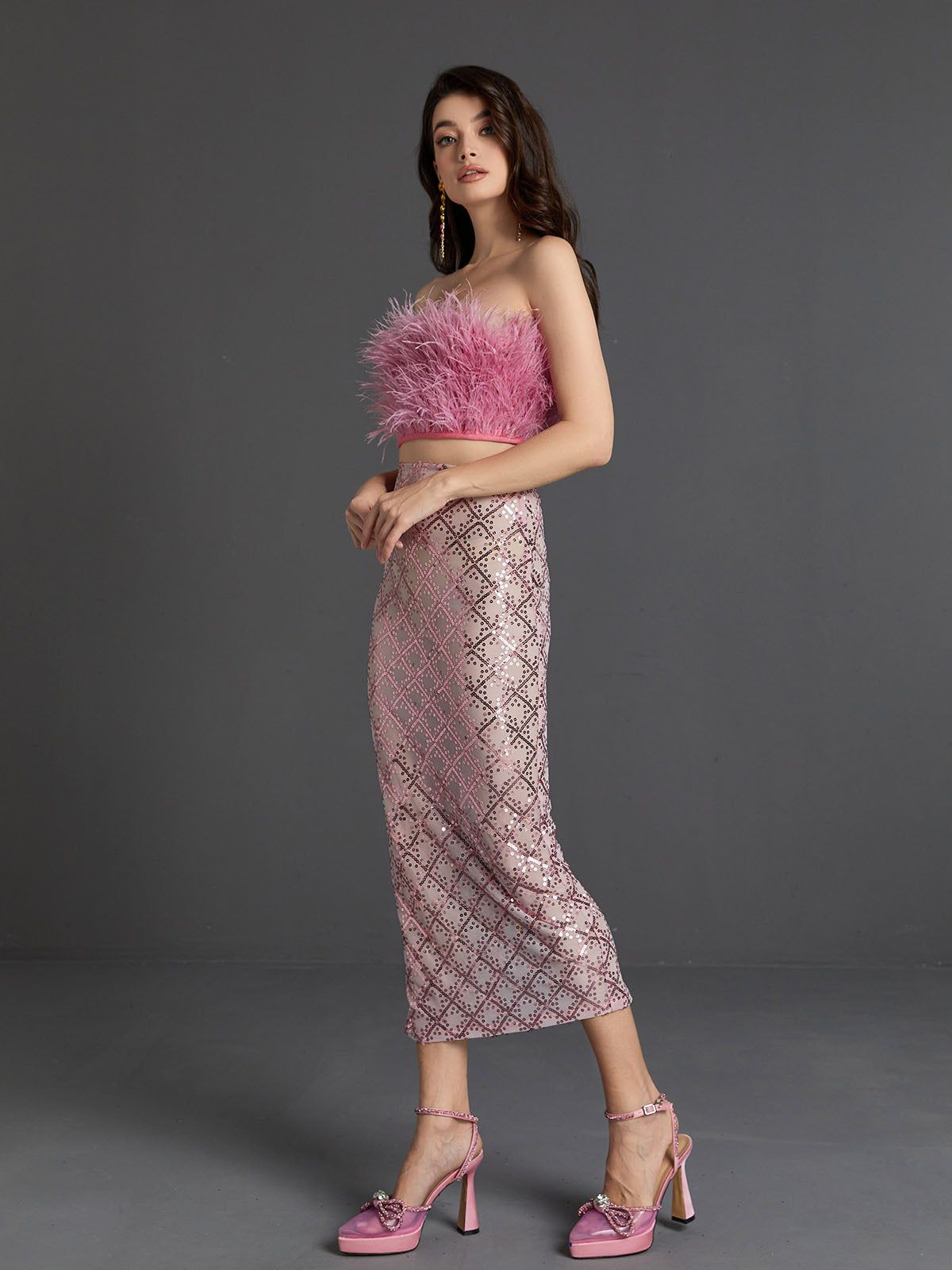 Ansley Strapless Feather Mesh Skirt Set In Pink sold by Mew Mews product image thumbnail 5