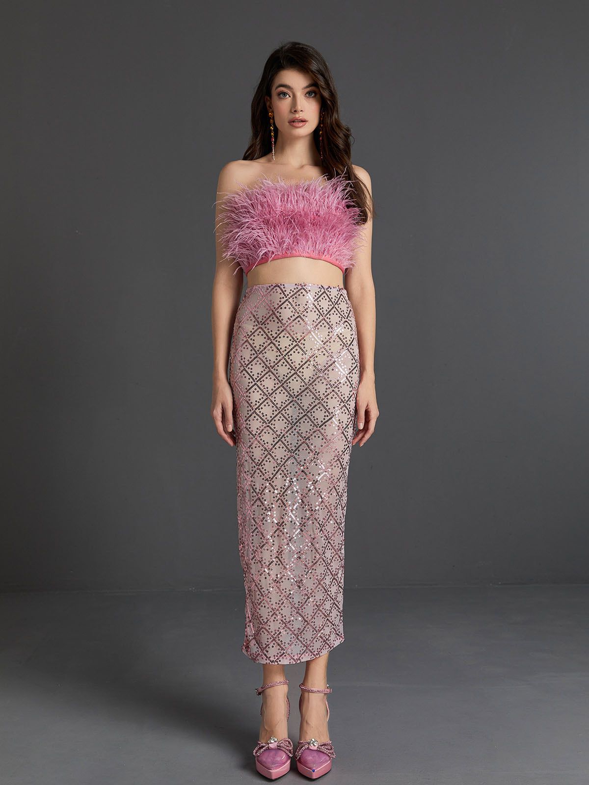 Ansley Strapless Feather Mesh Skirt Set In Pink sold by Mew Mews product image thumbnail 4