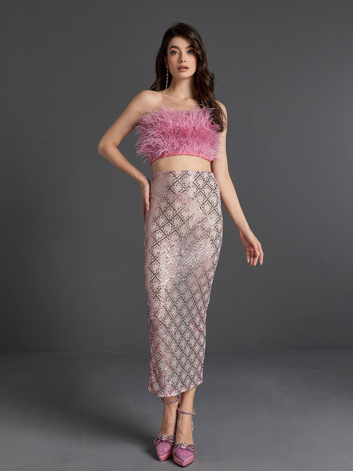 Ansley Strapless Feather Mesh Skirt Set In Pink sold by Mew Mews