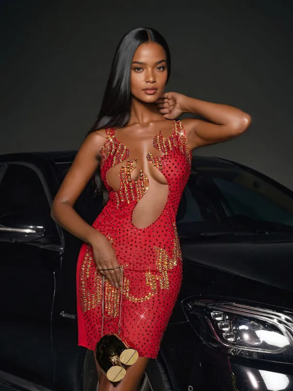 Rabia Fire Printed Rhinestone Mini Dress sold by Mew Mews