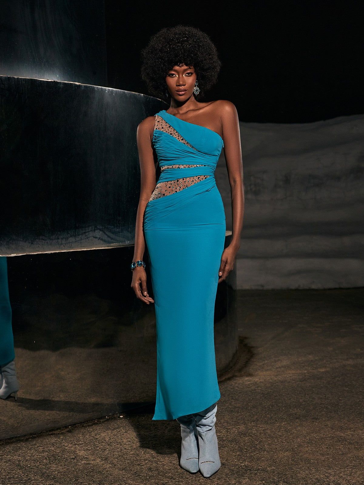 Enid One Shoulder Rhinestone Maxi Dress sold by Mew Mews