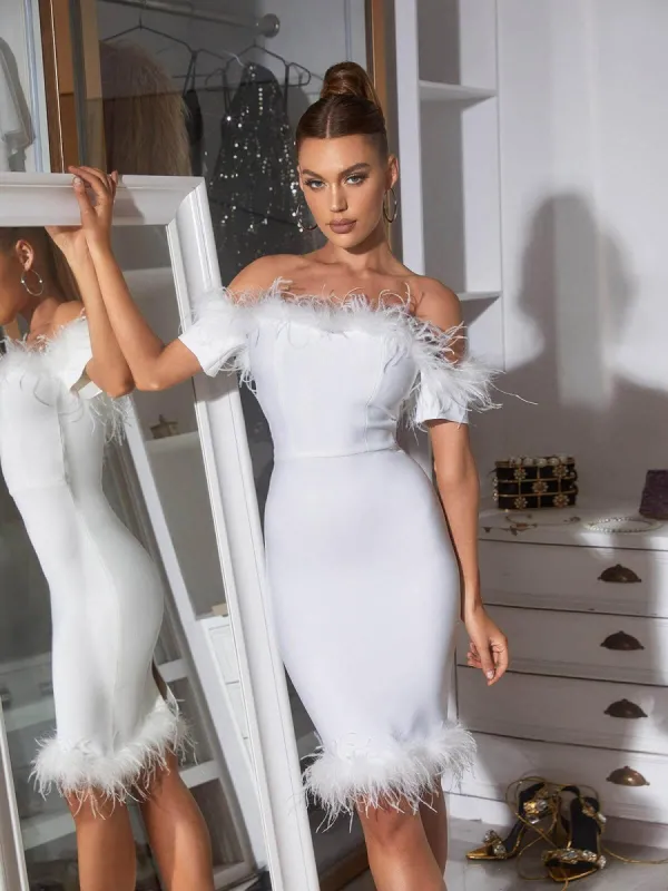 Carol Off Shoulder Feather Trimmed Bandage Dress In White sold by Mew Mews