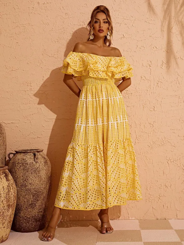 Soleil Off Shoulder Hollow Maxi Dress In Yellow sold by Mew Mews