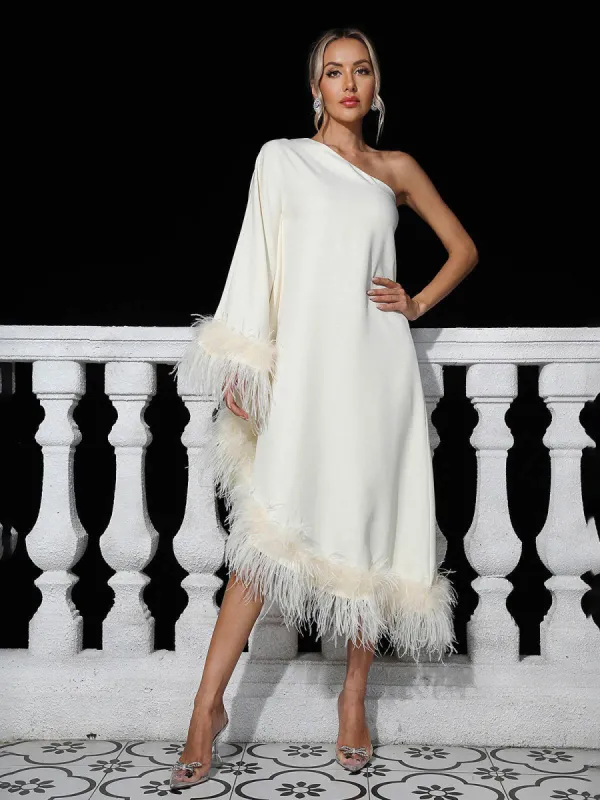 Ceridwen One Shoulder Feather Trimmed Midi Dress In White sold by Mew Mews
