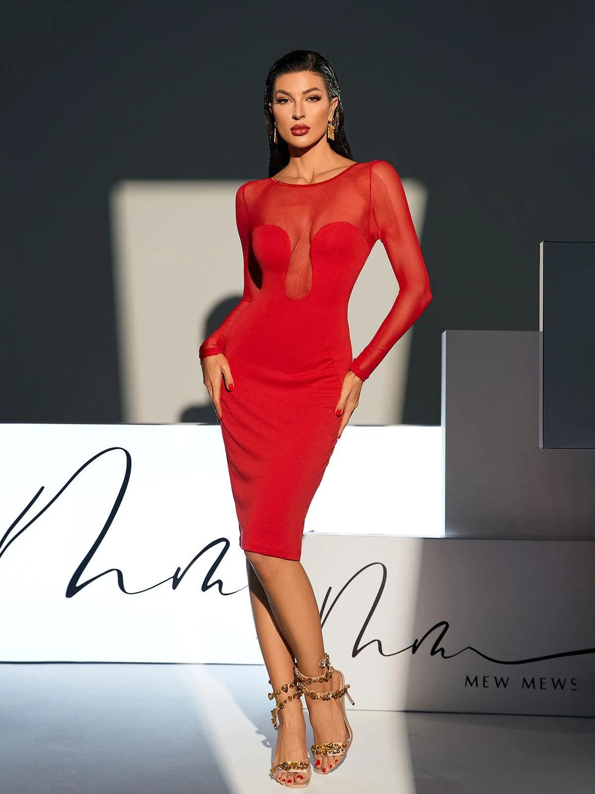 Hale Long Sleeve Mesh Midi Dress In Red sold by Mew Mews product image thumbnail 2
