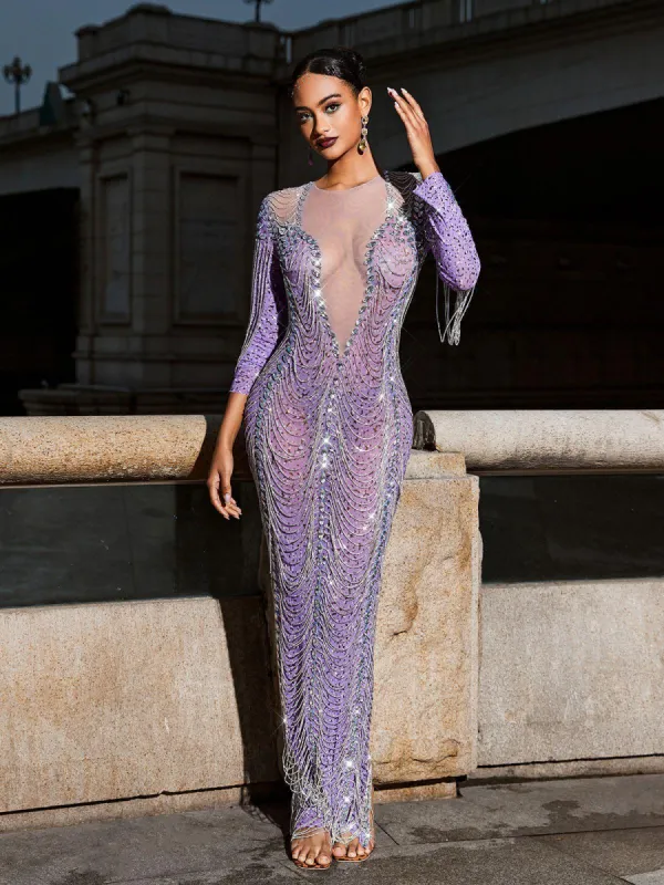 Kaede Crystal Chain Fringe Mesh Maxi Dress In Purple sold by Mew Mews