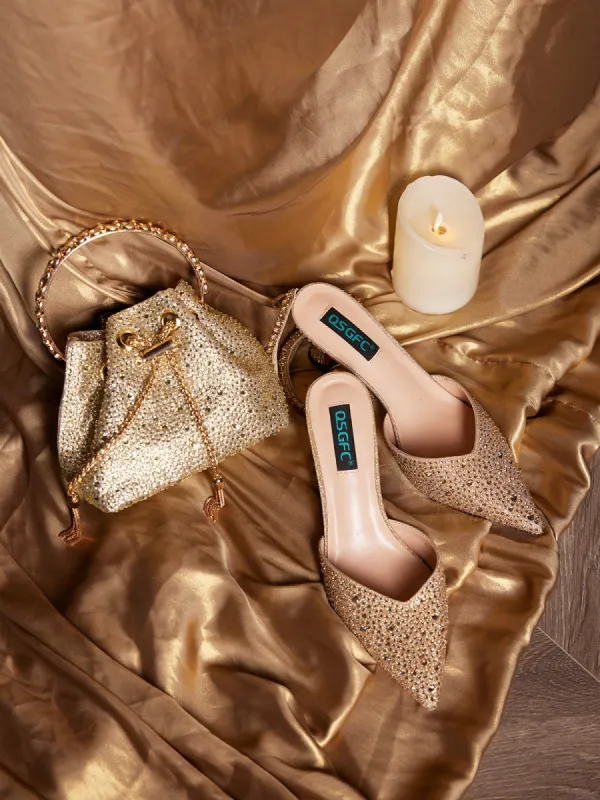 Mattea Crystal Embellished Heels And Bucket Bag Set In Gold sold by Mew Mews