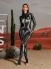 Radek Body Printed Rhinestone Gloves Jumpsuit In Silver sold by Mew Mews