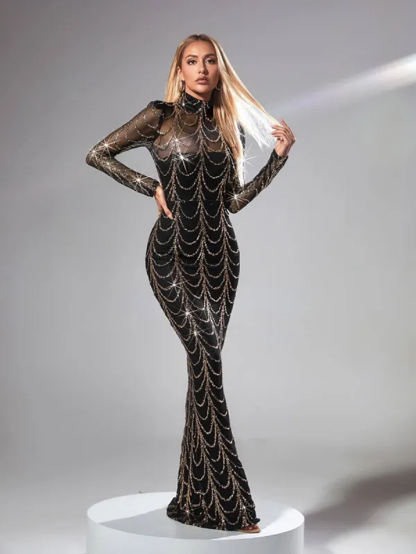 Melisande Long Sleeve Sequin Maxi Dress In Black sold by Mew Mews