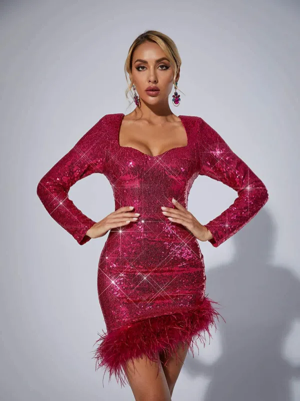 Daria Sequin Feather Mini Dress In Hot Pink sold by Mew Mews