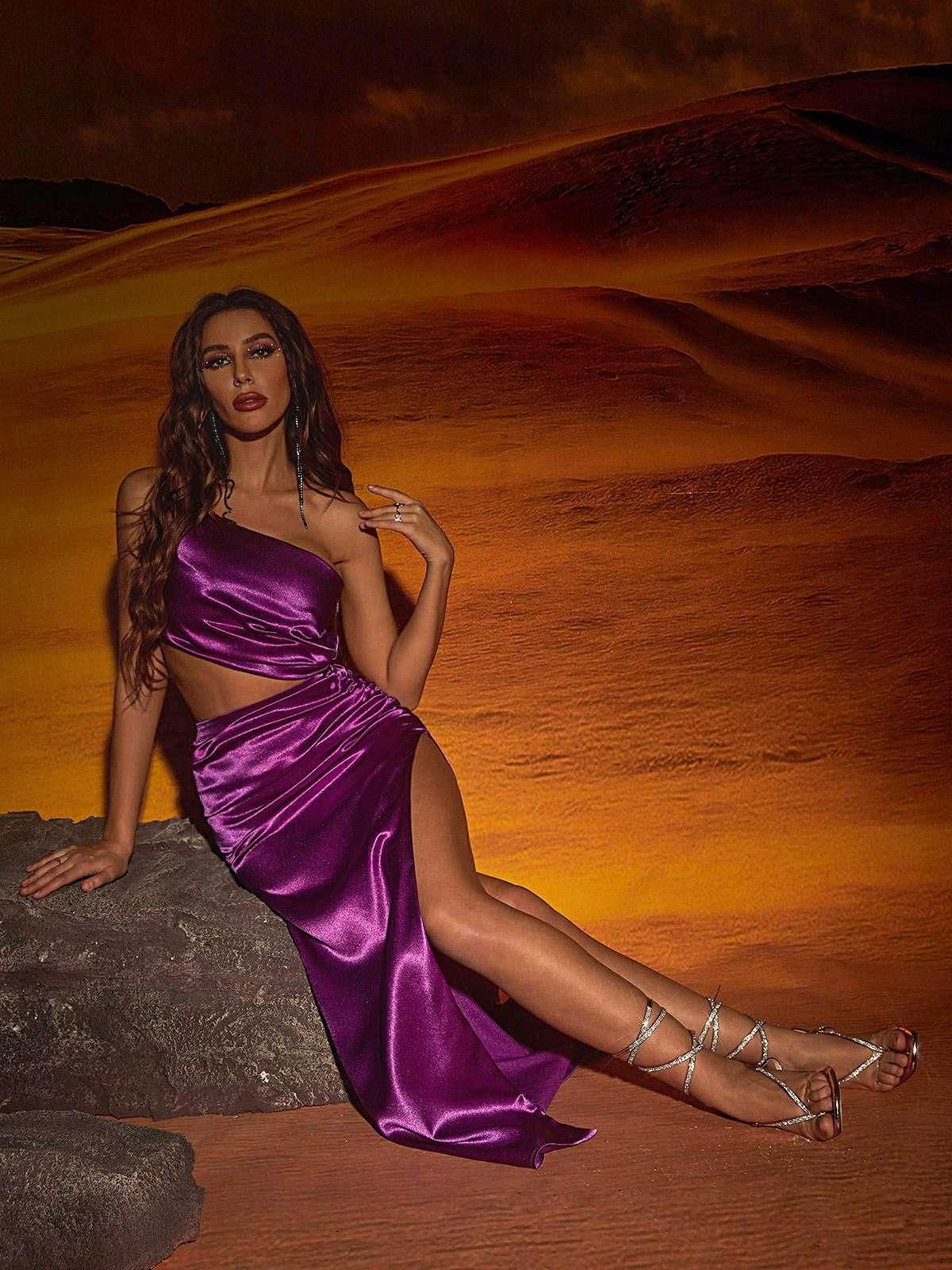 Chara One Shoulder Cutout Maxi Dress In Purple sold by Mew Mews product image thumbnail 5