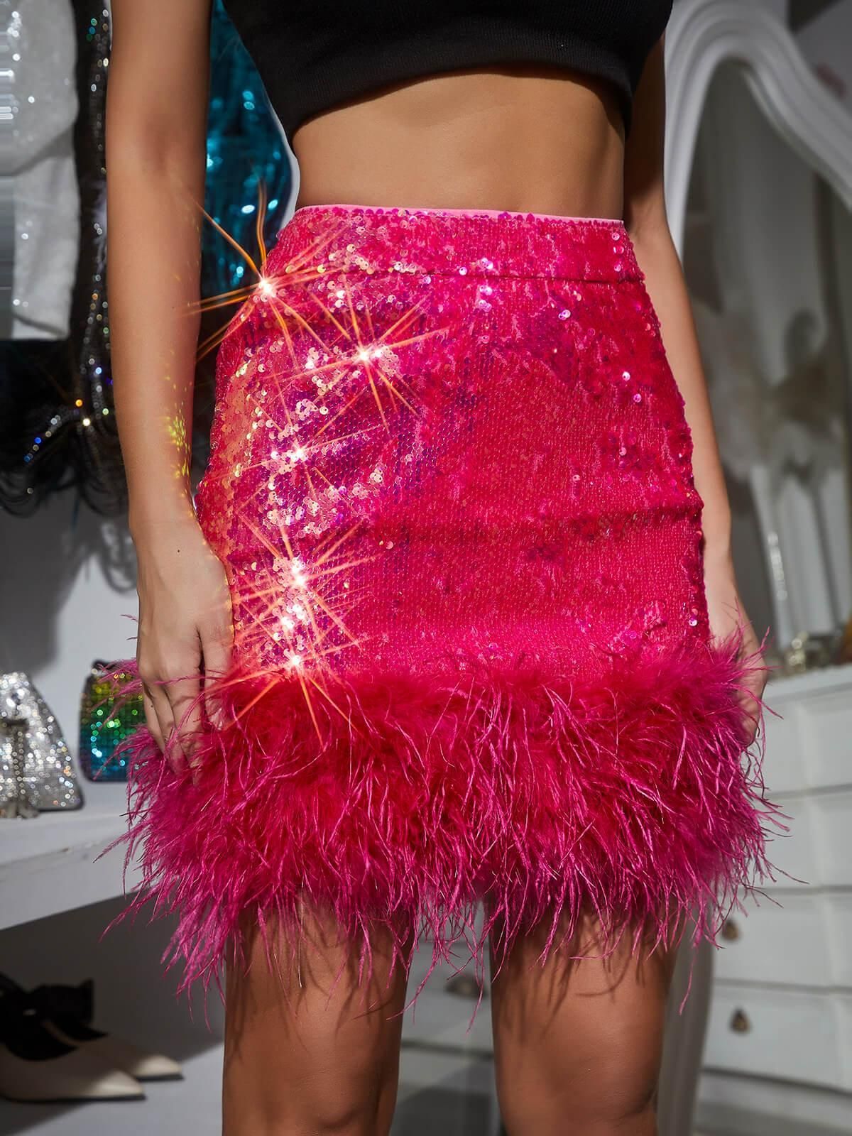 Kiara Sequin Feather Skirt In Hot Pink sold by Mew Mews