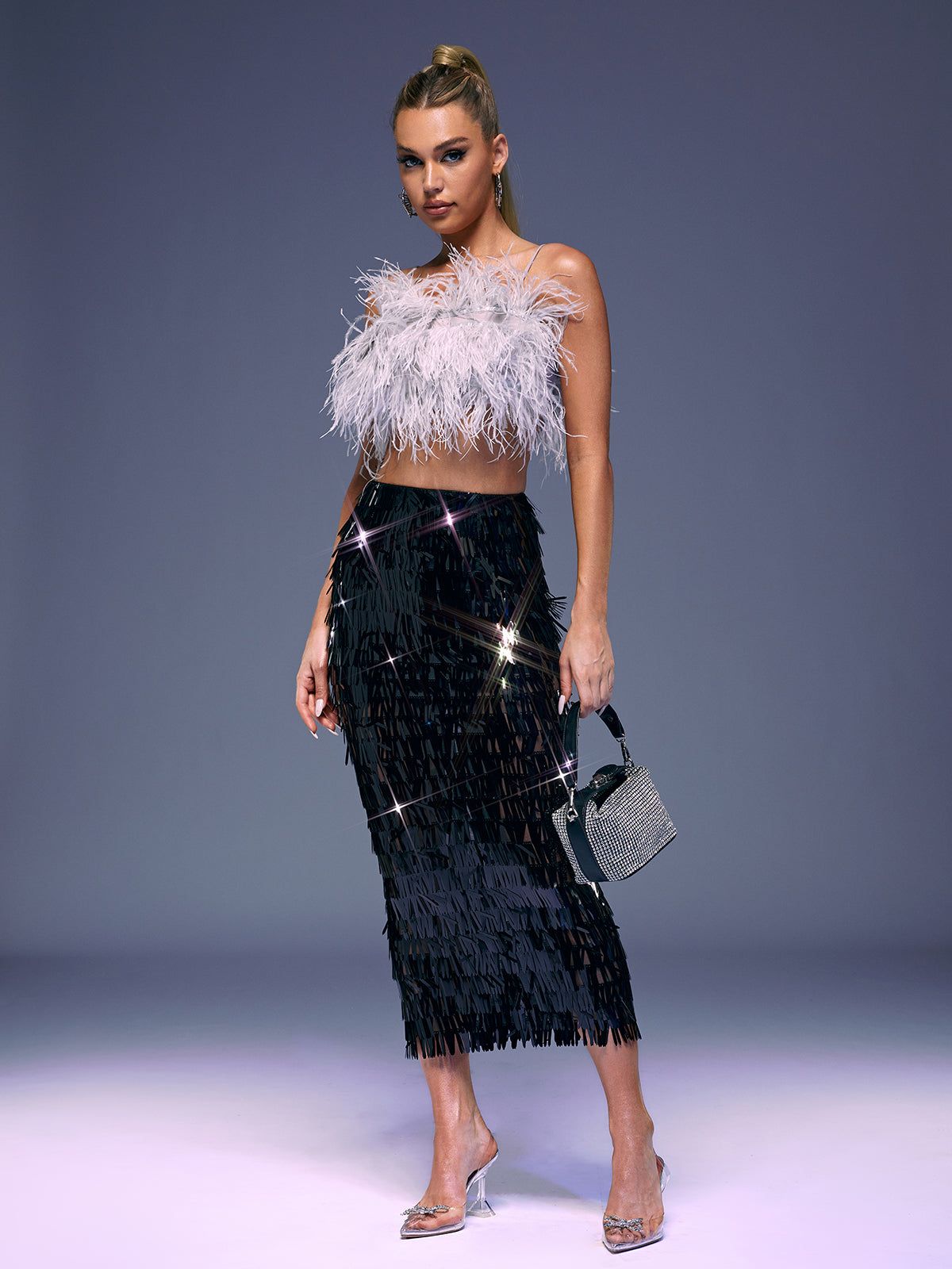 Zion Feather Sequin Skirt Set sold by Mew Mews