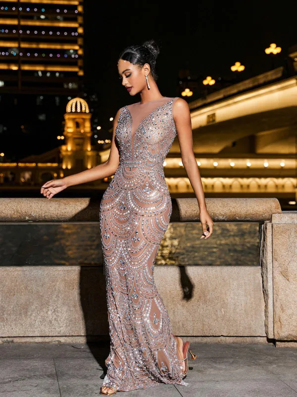 Zente Sleeveless Circle Rhinestone Mesh Dress sold by Mew Mews