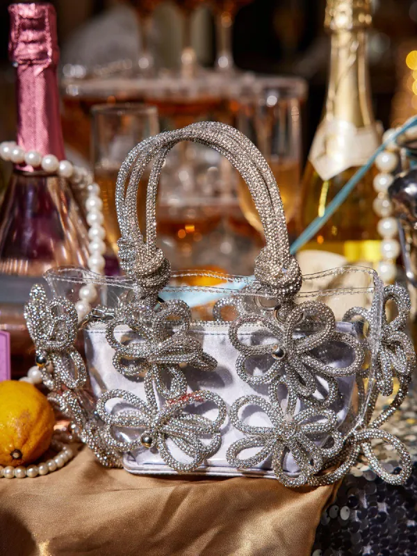 Chrysanthemum Crystal Flower Bag In Silver sold by Mew Mews
