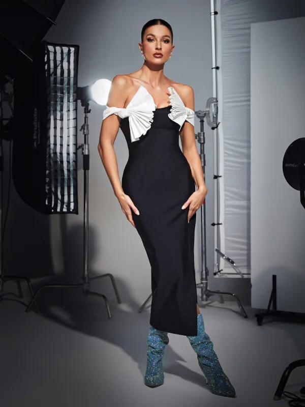 Landen Off Shoulder Pleated Bandage Dress made by Mew Mews