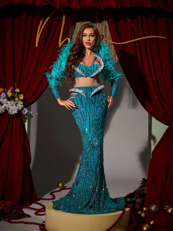 Jurin Snake Rhinestone Feather Maxi Dress sold by Mew Mews