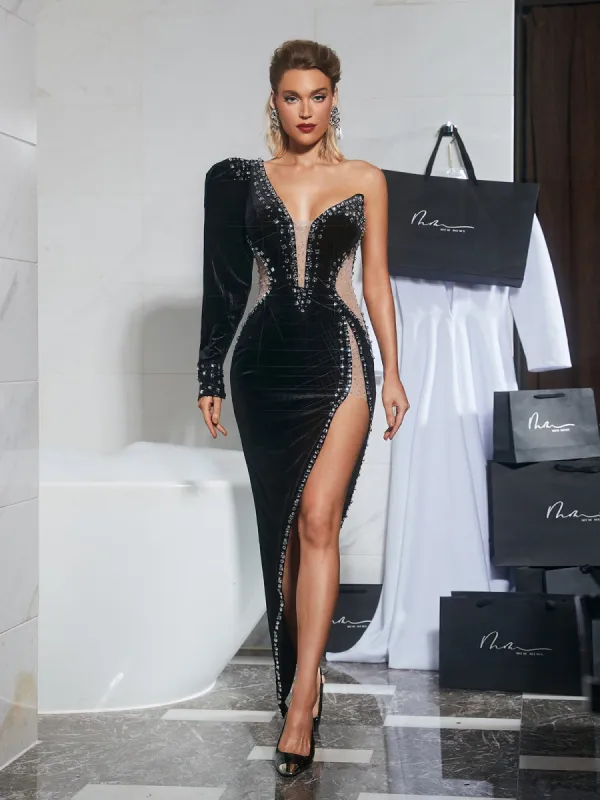 Sabine One Shoulder Embellished Velvet Dress sold by Mew Mews