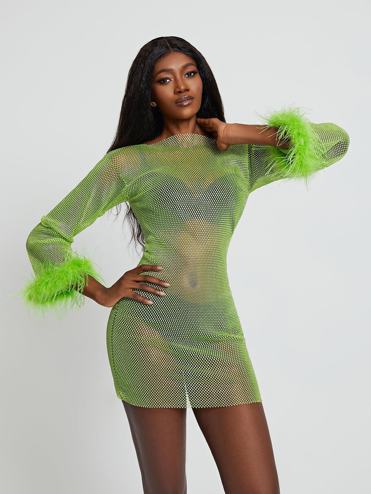 Aliyah Mesh Diamond Feather Mini Dress In Green sold by Mew Mews product image thumbnail 5